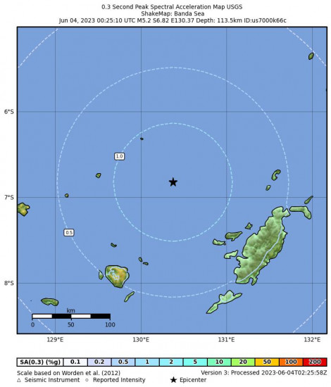 0.3 Second Peak Spectral Acceleration Map for the Tual, Indonesia 5.2 M Earthquake, Sunday Jun. 04 2023, 9:25:10 AM