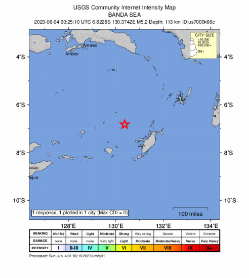 Community Internet Intensity Map for the Tual, Indonesia 5.2 M Earthquake, Sunday Jun. 04 2023, 9:25:10 AM