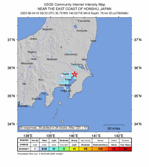 GEO Community Internet Intensity Map for the Shiroi, Japan 4.8 M Earthquake, Sunday Jun. 04 2023, 10:58:33 AM