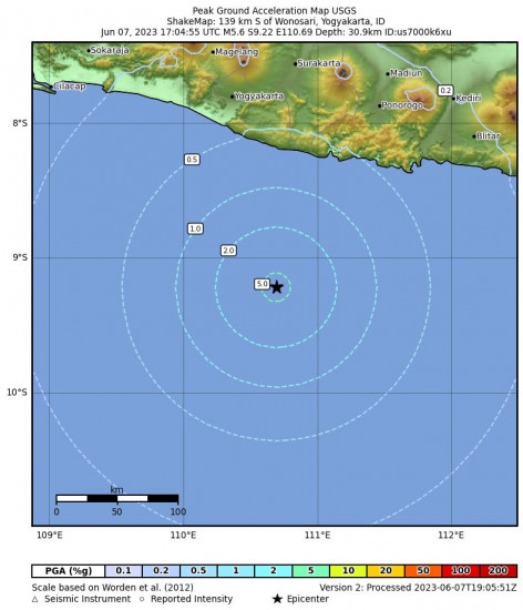 Peak Ground Acceleration Map for the Wonosari, Indonesia 5.6 M Earthquake, Thursday Jun. 08 2023, 12:04:55 AM