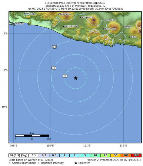 0.3 Second Peak Spectral Acceleration Map for the Wonosari, Indonesia 5.6 M Earthquake, Thursday Jun. 08 2023, 12:04:55 AM