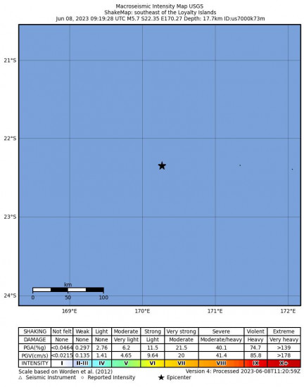 Macroseismic Intensity Map for the Tadine, New Caledonia 5.7 M Earthquake, Thursday Jun. 08 2023, 8:19:28 PM