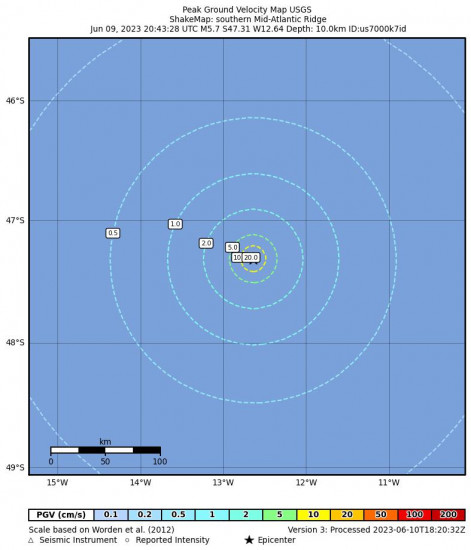 Peak Ground Velocity Map for the Southern Mid-atlantic Ridge 5.7 M Earthquake, Friday Jun. 09 2023, 8:43:28 PM
