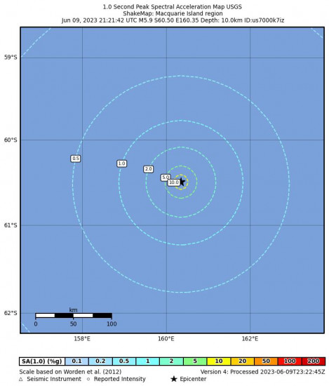 1 Second Peak Spectral Acceleration Map for the Macquarie Island Region 5.9 M Earthquake, Saturday Jun. 10 2023, 9:21:42 AM