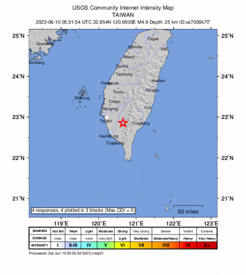 GEO Community Internet Intensity Map for the Yujing, Taiwan 4.9 M Earthquake, Saturday Jun. 10 2023, 1:31:54 PM