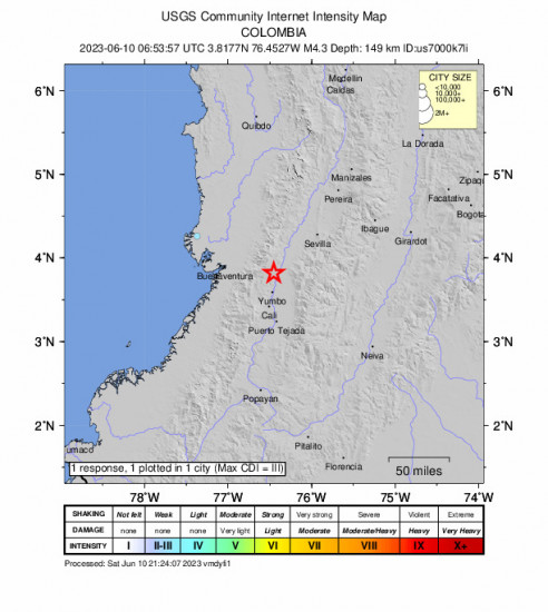 Community Internet Intensity Map for the Restrepo, Colombia 4.3 M Earthquake, Saturday Jun. 10 2023, 1:53:57 AM