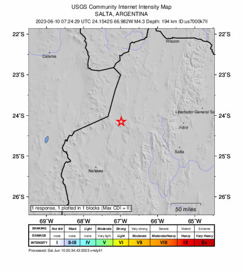 GEO Community Internet Intensity Map for the Salta, Argentina 4.3 M Earthquake, Saturday Jun. 10 2023, 4:24:29 AM
