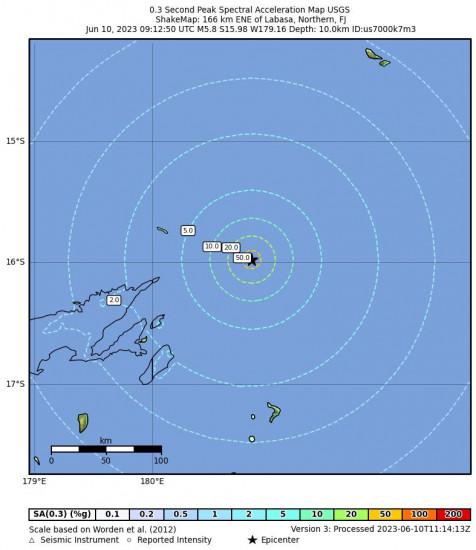 0.3 Second Peak Spectral Acceleration Map for the Labasa, Fiji 5.8 M Earthquake, Saturday Jun. 10 2023, 9:12:50 PM