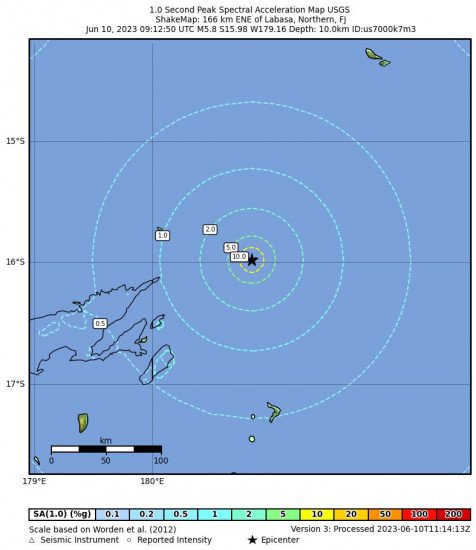 1 Second Peak Spectral Acceleration Map for the Labasa, Fiji 5.8 M Earthquake, Saturday Jun. 10 2023, 9:12:50 PM