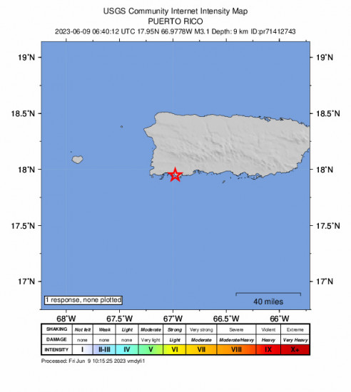 GEO Community Internet Intensity Map for the Fuig, Puerto Rico 3.1 M Earthquake, Friday Jun. 09 2023, 2:40:12 AM