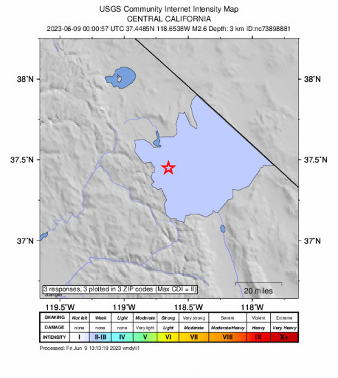 Community Internet Intensity Map for the Round Valley, Ca 2.7 M Earthquake, Thursday Jun. 08 2023, 5:00:57 PM