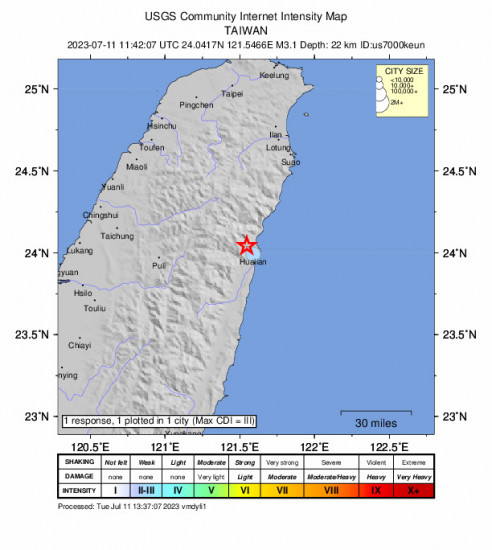 Community Internet Intensity Map for the Hualien City, Taiwan 3.1 M Earthquake, Tuesday Jul. 11 2023, 7:42:07 PM