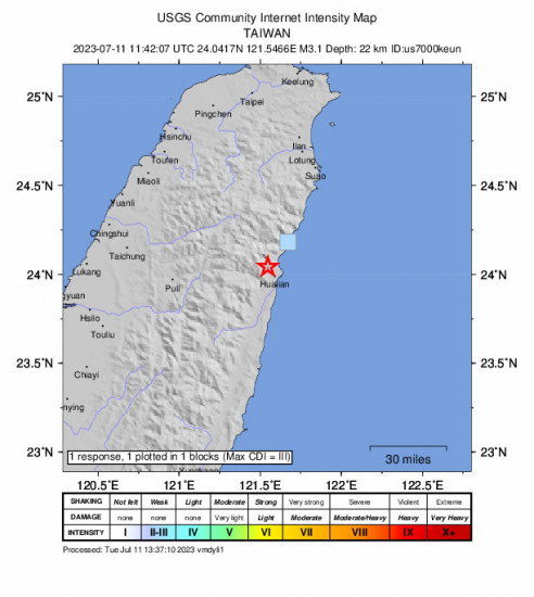 GEO Community Internet Intensity Map for the Hualien City, Taiwan 3.1 M Earthquake, Tuesday Jul. 11 2023, 7:42:07 PM