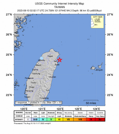 Community Internet Intensity Map for the Yilan, Taiwan 4.3 M Earthquake, Thursday Aug. 10 2023, 10:02:17 AM