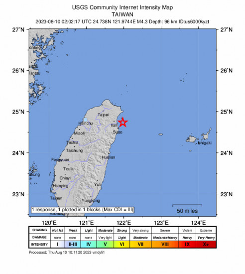 GEO Community Internet Intensity Map for the Yilan, Taiwan 4.3 M Earthquake, Thursday Aug. 10 2023, 10:02:17 AM
