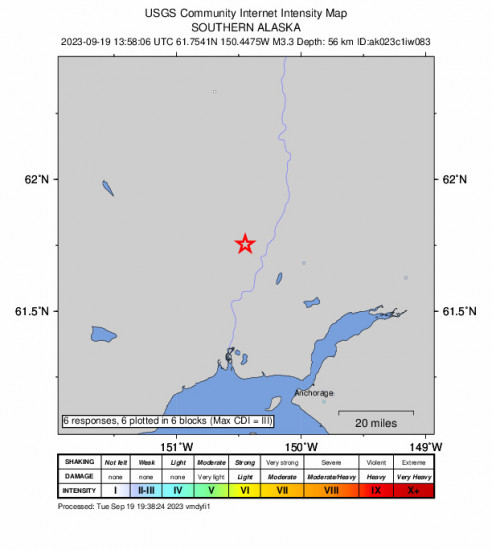 GEO Community Internet Intensity Map for the Willow, Alaska 3.3 M Earthquake, Tuesday Sep. 19 2023, 5:58:06 AM