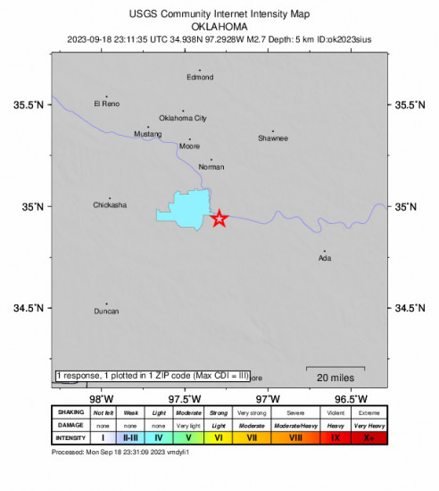 Community Internet Intensity Map for the Oklahoma 2.7 M Earthquake, Monday Sep. 18 2023, 6:11:35 PM