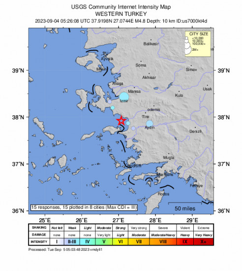 Community Internet Intensity Map for the Özdere, Turkey 4.8 M Earthquake, Monday Sep. 04 2023, 8:26:08 AM