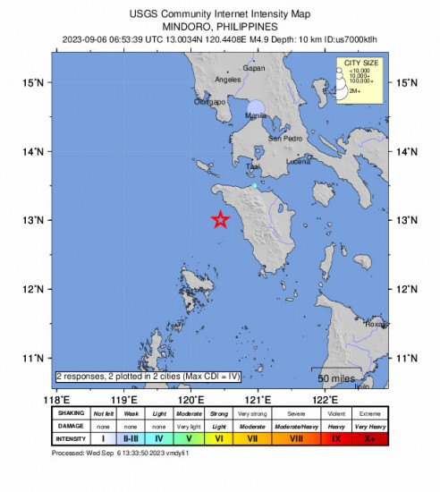 Community Internet Intensity Map for the Tayaman, Philippines 4.9 M Earthquake, Wednesday Sep. 06 2023, 2:53:39 PM
