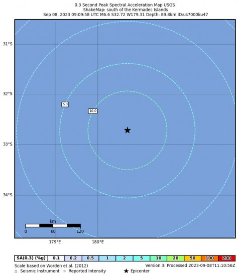 0.3 Second Peak Spectral Acceleration Map for the The Kermadec Islands 6.6 M Earthquake, Friday Sep. 08 2023, 9:09:58 PM