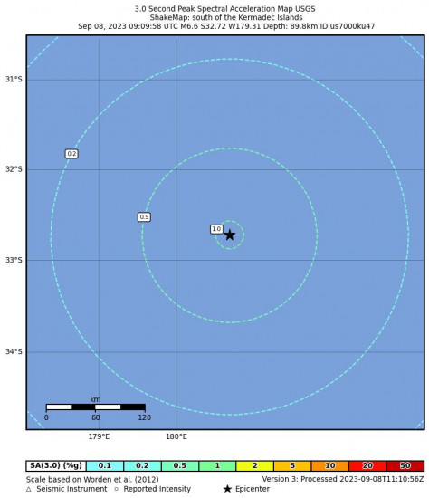 3 Second Peak Spectral Acceleration Map for the The Kermadec Islands 6.6 M Earthquake, Friday Sep. 08 2023, 9:09:58 PM