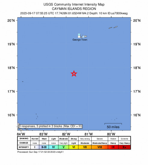 GEO Community Internet Intensity Map for the George Town, Cayman Islands 4.2 M Earthquake, Sunday Sep. 17 2023, 2:55:25 AM