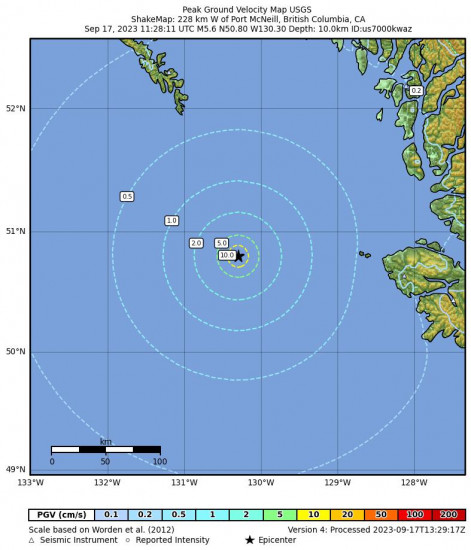 Peak Ground Velocity Map for the Port Mcneill, Canada 5.6 M Earthquake, Sunday Sep. 17 2023, 4:28:11 AM