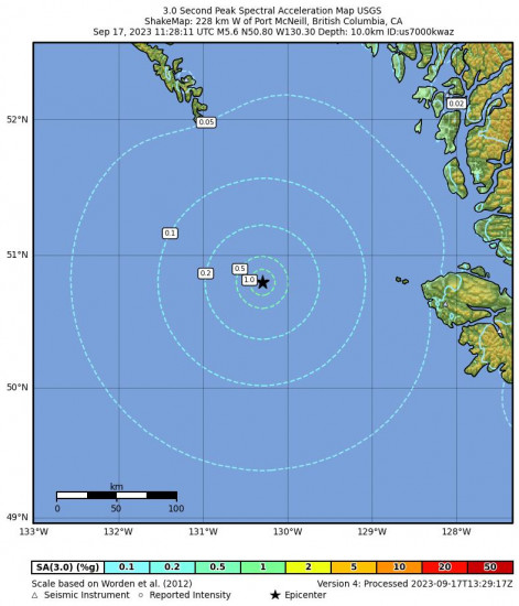 3 Second Peak Spectral Acceleration Map for the Port Mcneill, Canada 5.6 M Earthquake, Sunday Sep. 17 2023, 4:28:11 AM