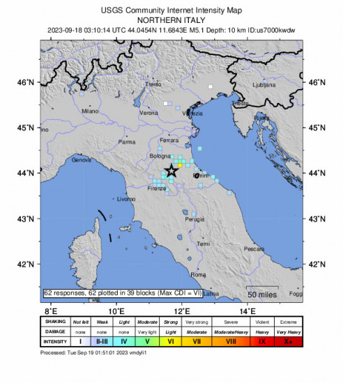 GEO Community Internet Intensity Map for the Northern Italy 5.1 M Earthquake, Monday Sep. 18 2023, 5:10:14 AM