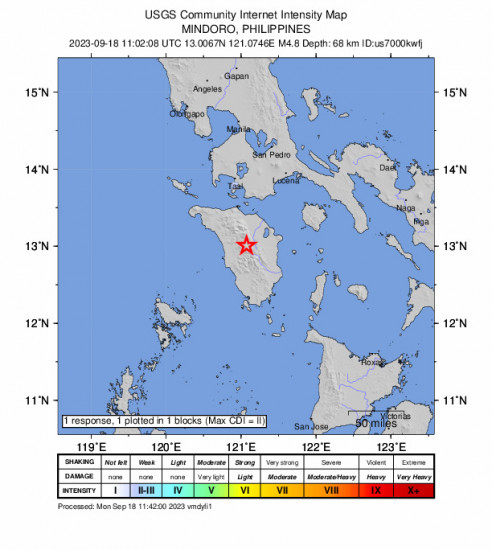 GEO Community Internet Intensity Map for the Aurora, Philippines 4.8 M Earthquake, Monday Sep. 18 2023, 7:02:08 PM