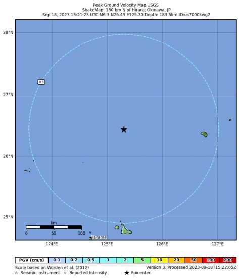 Peak Ground Velocity Map for the Taiwan 6.3 M Earthquake, Monday Sep. 18 2023, 10:21:23 PM