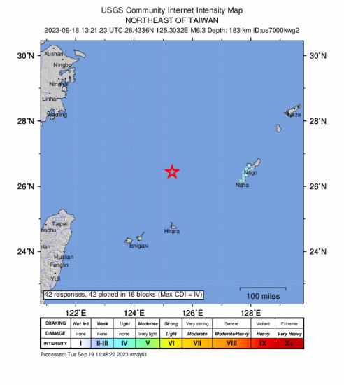 GEO Community Internet Intensity Map for the Taiwan 6.3 M Earthquake, Monday Sep. 18 2023, 10:21:23 PM