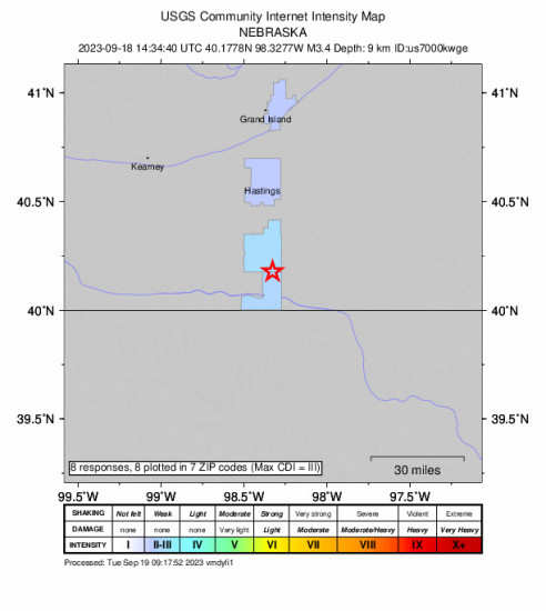 Community Internet Intensity Map for the Cowles, Nebraska 3.4 M Earthquake, Monday Sep. 18 2023, 9:34:40 AM