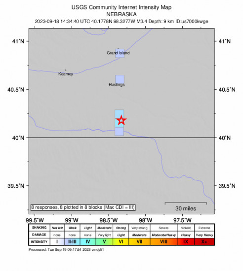 GEO Community Internet Intensity Map for the Cowles, Nebraska 3.4 M Earthquake, Monday Sep. 18 2023, 9:34:40 AM