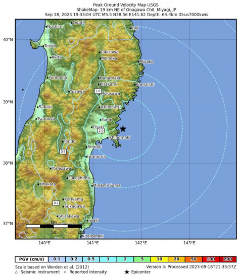 Peak Ground Velocity Map for the Onagawa Chō, Japan 5.5 M Earthquake, Tuesday Sep. 19 2023, 4:33:04 AM