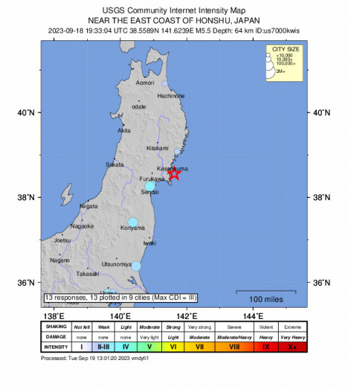 Community Internet Intensity Map for the Onagawa Chō, Japan 5.5 M Earthquake, Tuesday Sep. 19 2023, 4:33:04 AM