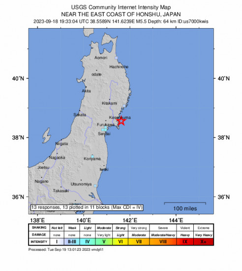 GEO Community Internet Intensity Map for the Onagawa Chō, Japan 5.5 M Earthquake, Tuesday Sep. 19 2023, 4:33:04 AM
