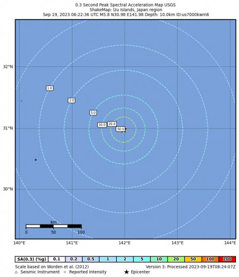 0.3 Second Peak Spectral Acceleration Map for the Izu Islands, Japan Region 5.8 M Earthquake, Tuesday Sep. 19 2023, 3:22:36 PM