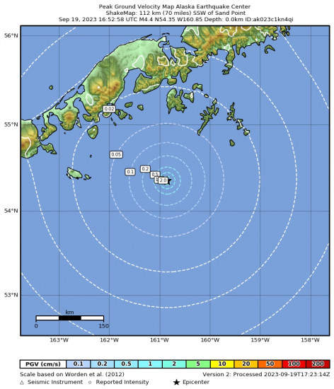 Peak Ground Velocity Map for the Sand Point, Alaska 4.4 M Earthquake, Tuesday Sep. 19 2023, 8:52:59 AM