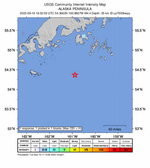 GEO Community Internet Intensity Map for the Sand Point, Alaska 4.4 M Earthquake, Tuesday Sep. 19 2023, 8:52:59 AM