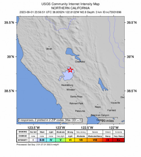 Community Internet Intensity Map for the The Geysers, Ca 2.8 M Earthquake, Friday Sep. 01 2023, 4:56:51 PM