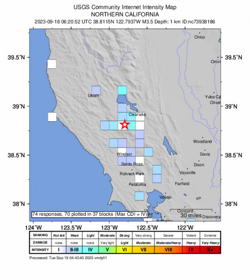 GEO Community Internet Intensity Map for the The Geysers, Ca 3.5 M Earthquake, Sunday Sep. 17 2023, 11:20:52 PM