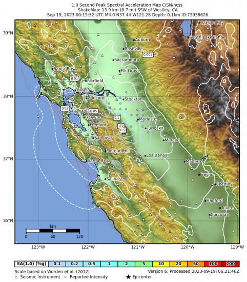 1 Second Peak Spectral Acceleration Map for the Westley, Ca 4.0 M Earthquake, Monday Sep. 18 2023, 5:15:32 PM