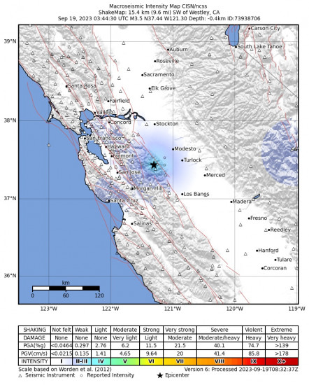 Macroseismic Intensity Map for the Westley, Ca 3.5 M Earthquake, Monday Sep. 18 2023, 8:44:30 PM