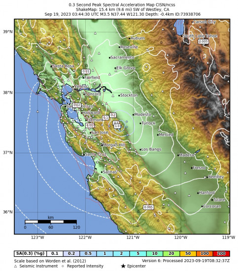 0.3 Second Peak Spectral Acceleration Map for the Westley, Ca 3.5 M Earthquake, Monday Sep. 18 2023, 8:44:30 PM