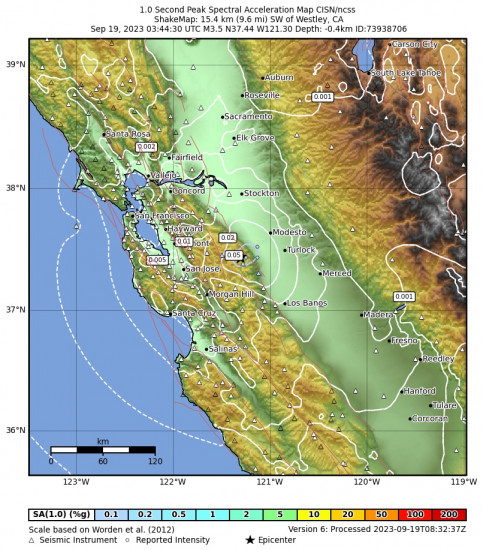 1 Second Peak Spectral Acceleration Map for the Westley, Ca 3.5 M Earthquake, Monday Sep. 18 2023, 8:44:30 PM