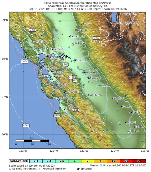 3 Second Peak Spectral Acceleration Map for the Westley, Ca 4.5 M Earthquake, Monday Sep. 18 2023, 9:13:10 PM