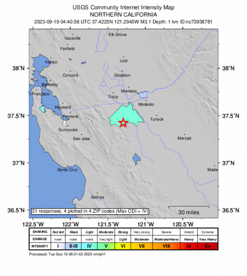 Community Internet Intensity Map for the Patterson, Ca 3.2 M Earthquake, Monday Sep. 18 2023, 9:40:58 PM