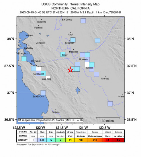 GEO Community Internet Intensity Map for the Patterson, Ca 3.2 M Earthquake, Monday Sep. 18 2023, 9:40:58 PM