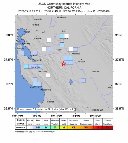 GEO Community Internet Intensity Map for the Patterson, Ca 3.2 M Earthquake, Monday Sep. 18 2023, 10:25:21 PM